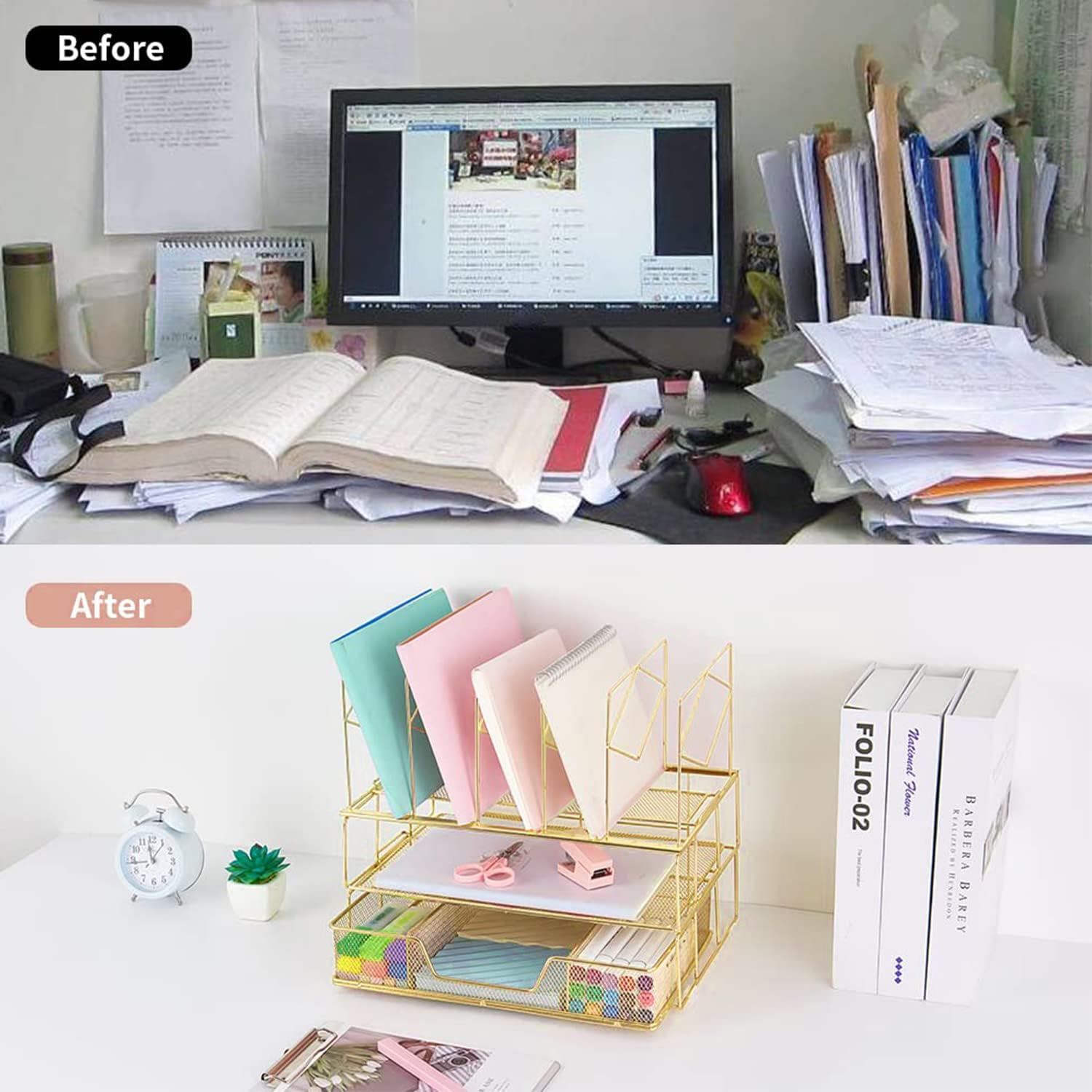 Youbetia Desk Organizers and Accessories - Double Tray and 5 Upright Sections, Office Supplies Desk Organizer with Drawer, File Office Organization with Binder Clips, Gold - Image 2